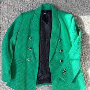 Zara Women's Vibrant Green Double-Breasted Blazer